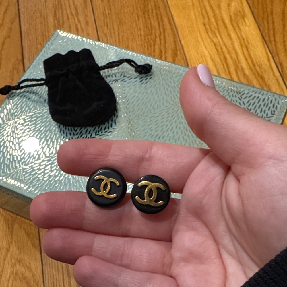 Vintage CHANEL Black and Gold Logo Earrings